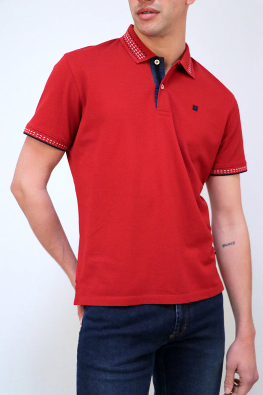 Polo Piqué com Gola e Punhos Risca Jacquard